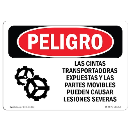 OSHA Danger, Exposed Conveyors And Moving Parts Spanish, 14in X 10in Rigid Plastic